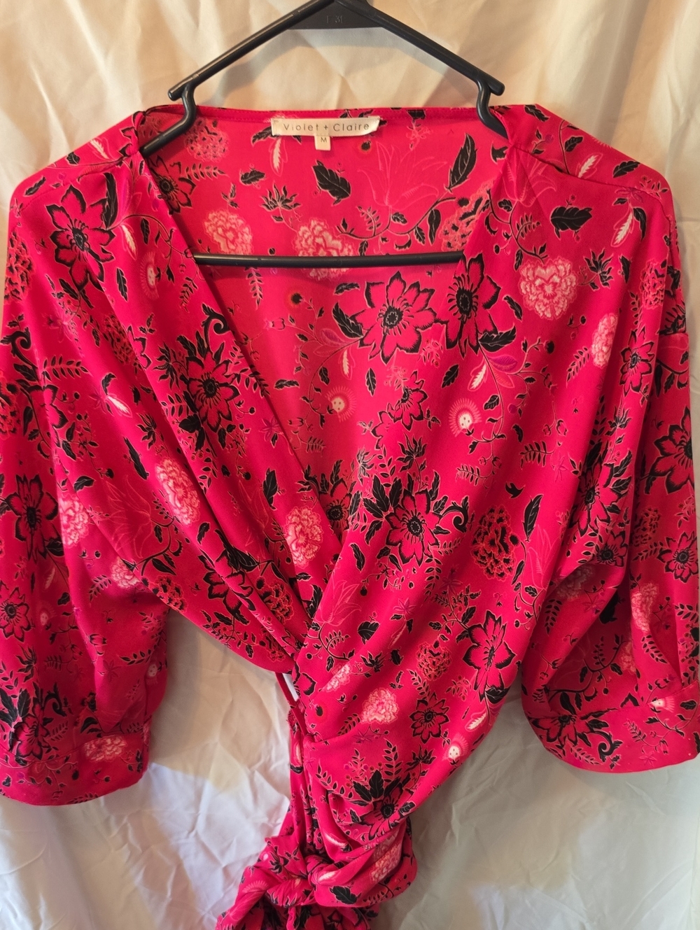 Violet & Claire Hot Pink Floral Wrap Blouse